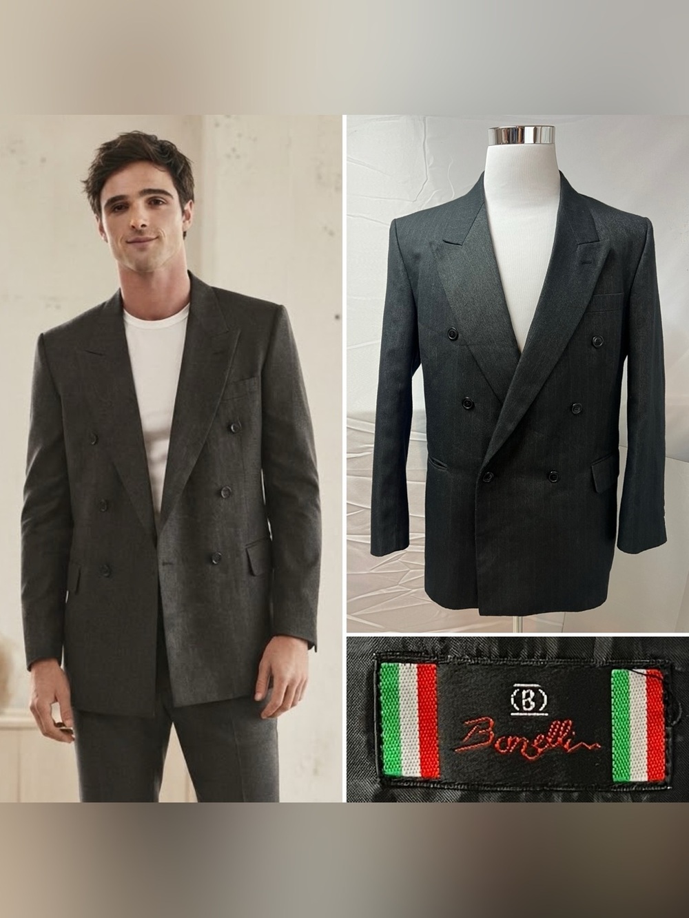 Bonelli Men's 42R Charcoal Gray Pinstripe Double Breasted Peak Lapel Blazer